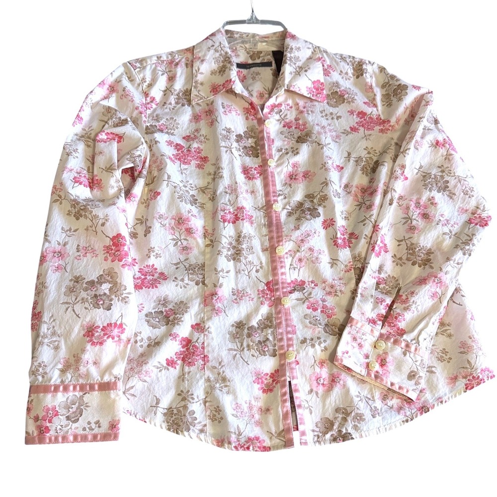 Liz Claiborne Womens Pink Floral Button‎ Down Shirt Petite Medium Cotton Ribbon